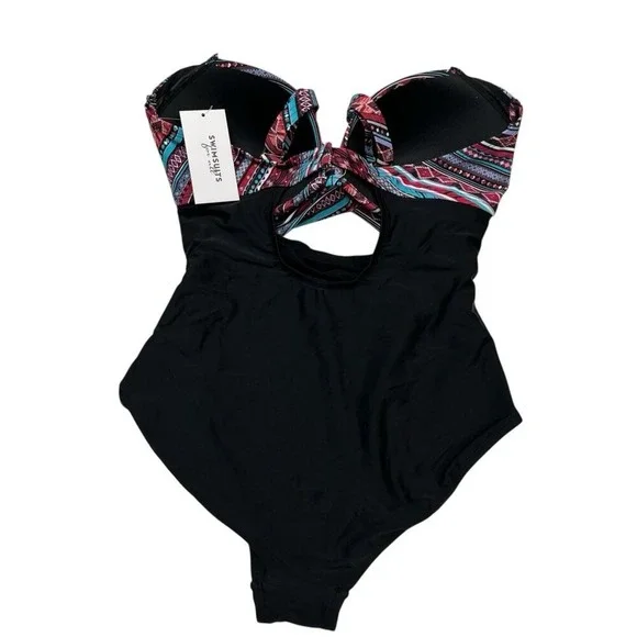 Swimsuits For All Black Aztec Print Cut Out Strappy One Piece Size 14 Vacation - Picture 7 of 7